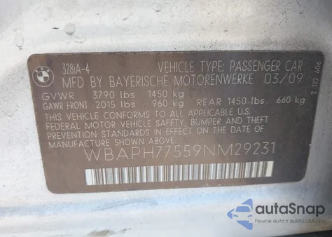 2009 BMW 328I z USA, uszkodzony, nr VIN WBAPH77559NM29231